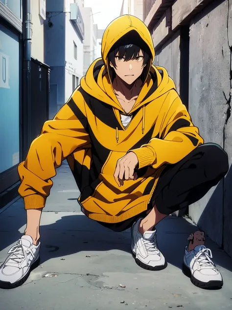 A guy, jolly eyes, black hair, spikey short hairstyle, wearing a yellow hoodie jacket on, putting the hoodie on his head, hacker style, (putting hoodie on), sitting pose, full body.