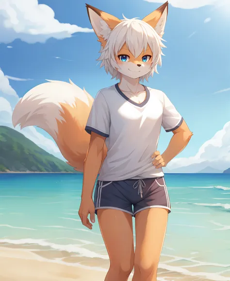 adult solo,kemono fox, short white hair, shorts, shirt, smirk,beach clothes, extreme detail, masterpiece, hi res, high detail, d...