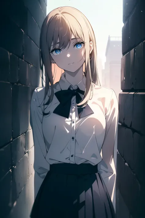 (Obra maestra, La mejor calidad, ultrahigh resolution), 1girl, standing, school uniform, white office shirt, black pleated skirt, ((light brown, light brown hair:0.7), long hair cut, pale skin, ((blue eyes)), glowing_eyes, neon eyes, (ultra detailed eyes, ...