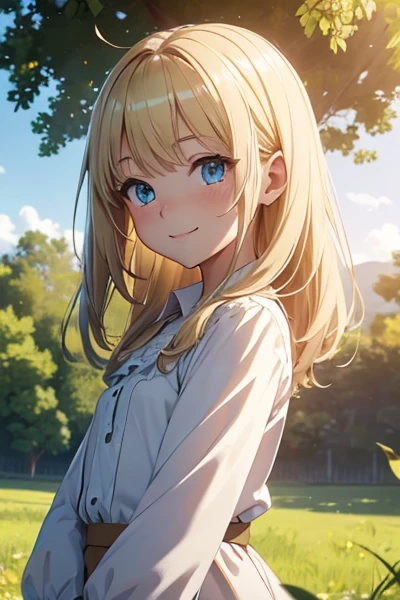 (Extremely detailed CG unity 8k wallpaper,Masterpiece, Best Quality, Ultra-detailed),green field setting,Sunlight on your face,beautiful blonde little girl,Blue Eyes, White blouse, moderately small chest, Smiling faces