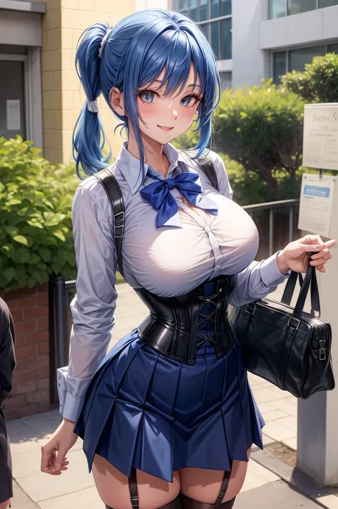 1girl face, blue hair, smile,, 1girl, large breasts, huge chest, short pony tail,, skirt, school uniform, shirt, corset, outdoor, slim body, garter belt