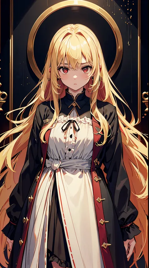 topquality、Outstanding picture quality、tmasterpiece、middle-aged girl((Cute little Bust、Medium bust,beautiful red color eyes,blond long hair、well-proportioned、black coat)）hiquality、Beautiful art、Background from((Black Room,A large room、))Thoughtful design、v...