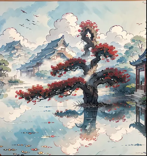 (best quality,4k,8k,highres,masterpiece:1.2),ultra-detailed,realistic,photorealistic:1.37,chinese traditional architecture,beautiful detailed pavilion,various trees,bright clouds,lush trees, maple trees,red trees,small stones,little birds,chinese watercolo...