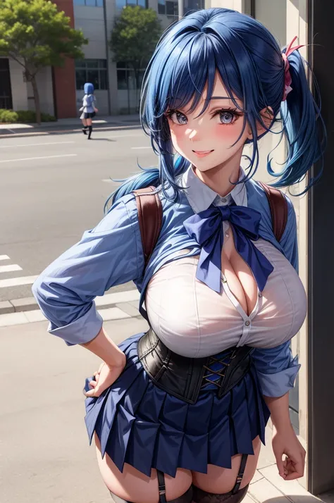 1girl face, blue hair, smile,, 1girl, large breasts, huge chest, short pony tail,, skirt, school uniform, shirt, corset, outdoor, slim body, garter belt