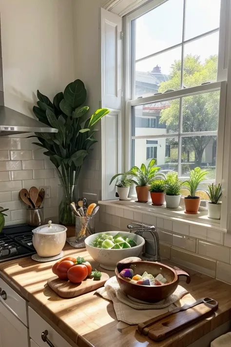 This image shows a kitchen counter with various vegetables and eggs on top of it. The counter is made of white marble, and the walls are painted a light beige color. In the center of the counter, there is a large mixing bowl filled with an assortment of fr...