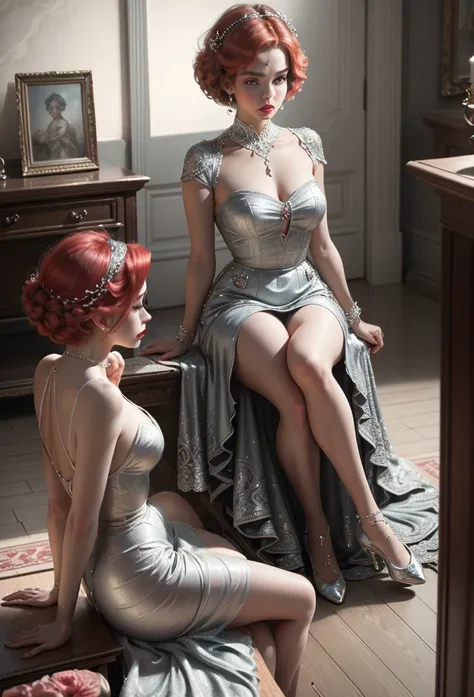 (Masterpiece - Ultra-Detailed, High Resolution) Prepare to be enchanted by a true masterpiece that combines ultra-detailed art with high-resolution rendering. This work shows a mesmerizing woman, with short red hair, headred,1950s style, (1.3) and captivat...