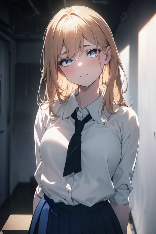 (Obra maestra, La mejor calidad, ultrahigh resolution), 1girl, standing, school uniform, white office shirt, black pleated skirt, ((light brown, light brown hair:0.7), long hair cut, pale skin, ((blue eyes)), glowing_eyes, neon eyes, (ultra detailed eyes, ...