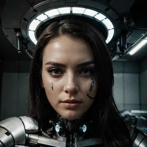 Selfie of an imposing and beautiful cybernetic woman with mechanical parts on her face.