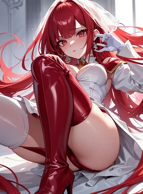 ((tmasterpiece)), ((Best quality at best)), 1个Giant Breast Girl, long whitr hair, large bust, very long red hair, yellow-eyed, see-through transparent clothes, ((white  clothes)) Sateen, Wet with, of the skin, Ligeri, ((a sexy pose)), white  clothes, no pa...