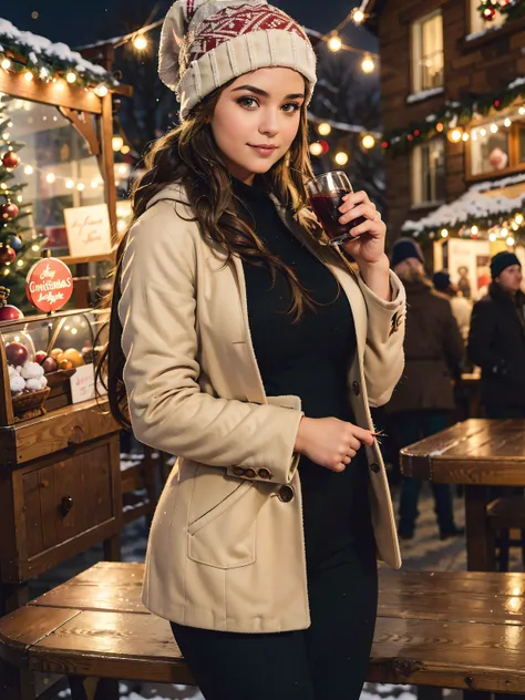 winter at a christmas market, a beautiful voluptuous woman, curvy body shape, french braid, beanie, wool coat, tight pants, drin...