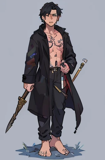 man with black coat, bare chest, tattoed with symbols on his entire skin, bare feet, a quarterstaff in hand