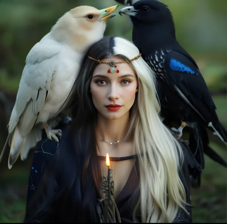 araffe woman with a candle and two birds on her head, pagan goddess, uma bela feiticeira, gothic maiden shaman, beautiful witch female, hecate goddess, feiticeira bonita, com um corvo no ombro, bruxa feminina bonita, como um personagem de fantasia medieval...