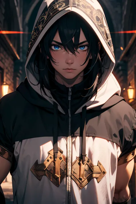 (extremely detailed 8k wallpaper), a medium shot of a fearful rogue, male, male focus, black hair, blue eyes, black clothing, hooded, medieval, intricate, high detail