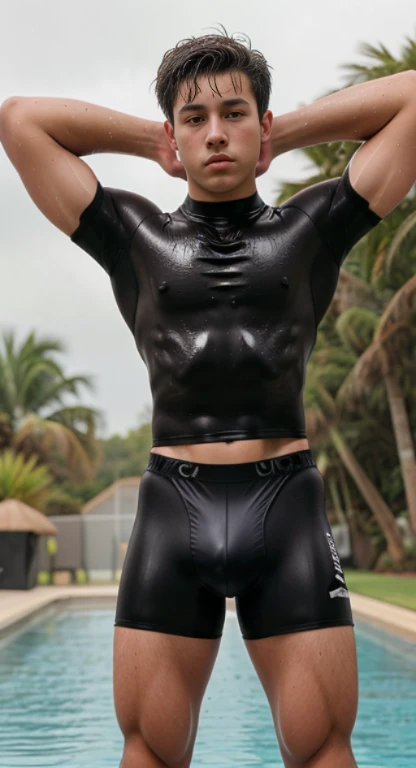 Young 15 year old boy with huge bulge, wet, spandex black shorts, lycra