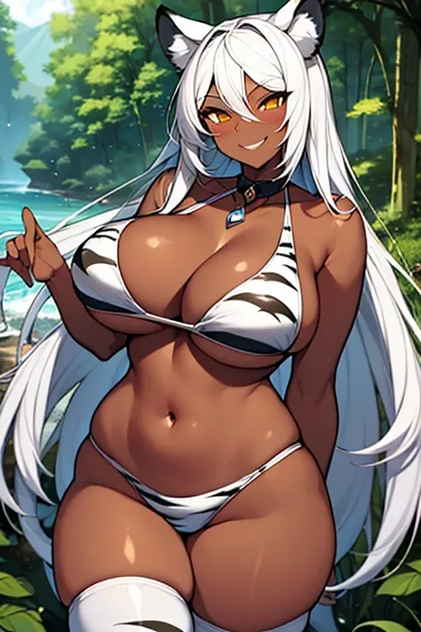 1girl, dark skin, dark body, white hair, long hair, breasts, large breasts, thick thighs, wide hips, tiger print, whote tiger, white tiger print, bikini, tiger ears, white tiger ears, smile, smirk, smug, thighhighs, nature, forest