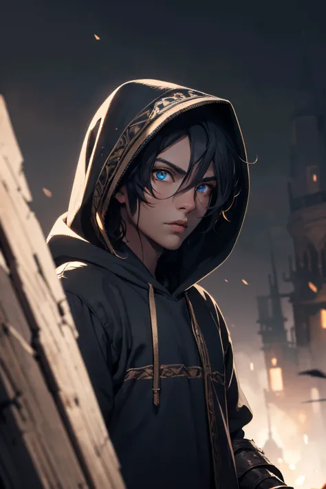 (extremely detailed 8k wallpaper), a full shot of a fearful rogue, male, male focus, black hair, blue eyes, black clothing, hooded, medieval, intricate, high detail