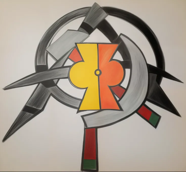 drawing of a hammer and sickle with a star and a circle, desenho colorido, inspired by Fernand Léger, desenho colorido, Paulo Laffoley, ancient symbol behind it, inspirado em Konrad Klapheck, um desenho abstrato, ankh, inspired by Kaigetsudō Anchi, desenho...