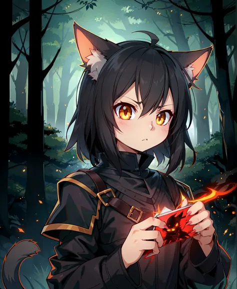 anime style, human, 1girl, cat girl, (black hair), (golden eyes), cat ears, cat tail, dark forest setting, detailed background, ...