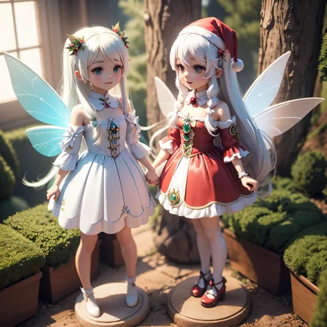 ​masterpiece、top-quality、ultra-detailliert、（Chibi character fairy rainbow color gradation wings:1.4),twin sisters,white  hair,santa girl cosplay,Holding hands,fairy tale forest,luxury christmas tree,Dazzling light,,Full-body standing figure,A smile、Chibi c...