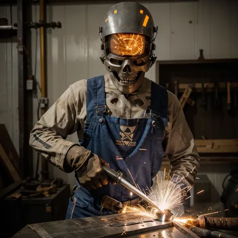 Have a skeleton welding a big axe with a smile, smiling, welding, mig welding, bad to the bone, axe, cool axe, sparks, detailed, 4k, realistic