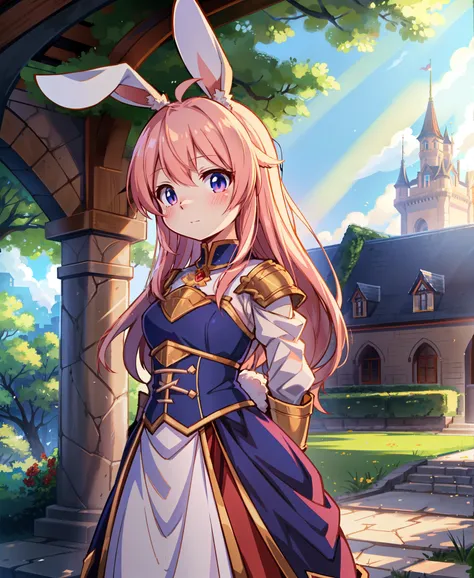 outdoor, castle courtyard, tall stone walls, detailed background, knight bunny girl, (armor with bunny-themed embellishments), standing tall and proud, bunny ears perched on her head, anime-style, expressive eyes, (by tatsuya himura), (by niji walkure:0.9)...