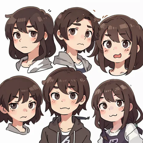 twitch emote, cartoon, different expressions, 6 versions, face only, cute, boy, dark brown hair, white skin, cartoon style art