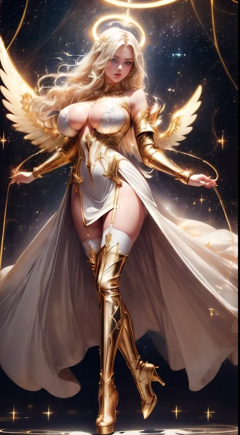 ((Magnificent, celestial, floating above ground)) ((posing sexy)) ((beautiful russian supermodel is a celestial angel)) ((Big bright blue eyes)), ((dark eyeshadows make up)) ((bright red lipstick)), ((with seductive gaze)) ((very long light blonde hair))((...