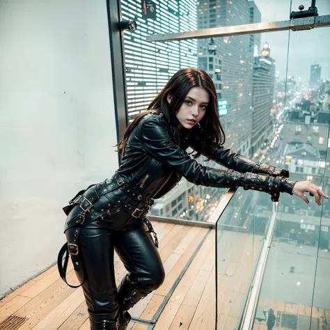 Cool brunette girl in a leather jacket and black pants. steampunk style. Steampunk fantasy. dieselpunk look. ciberpunk. Against the background of the night city, neonlight, beautiful colorful lighting.