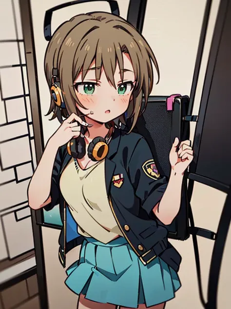 ((((Riina Tada from Idol master)))), ((1little girl)), solo, 16yo, (((light brown hair))), (green eyes), ((Hair parting is on the left side)), (((diagonal bangs))), (Blunt bangs), (middle hair),  (((headphones on her neck))), (with guitar case), 
White tee...