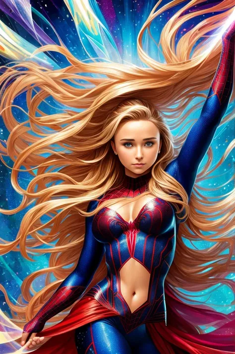 "Hayden Panettiere, showing her belly button, In New York, wearing a torn spiderman suit, Wearing a skirt, abstract photorealistic, artistic, Alphonse Mucha&#39;Masterpieces of painting, Best Quality, High resolution:1.4), Detailed, Intricate details, 4K, ...