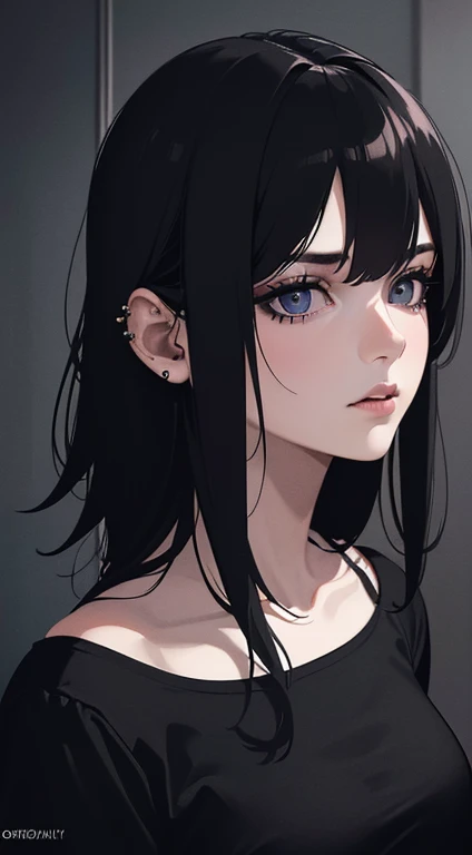 (best quality,4k,8k,highres,masterpiece:1.2),ultra-detailed,(realistic,photorealistic,photo-realistic:1.37),portrait,girl with a emo style,piercings,eyeliner,messy hair,black clothing,expressionless face,dark and moody lighting,vibrant colors,contrast,colo...