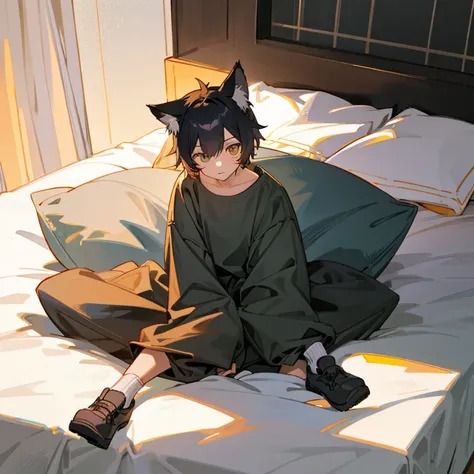 Cat boy in baggy clothes sitting on his bed