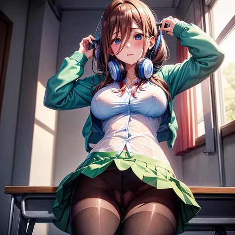 Schoolgirl with brown hair、Green skirt、light blue cardigan、(Blue headphones)、Semi-long hair、Black sheer pantyhose、sheer stockings、vagina、、(no panties)、(Wet)、red blush、Solo、(See-through)、‎Classroom、desk、(pussy juice)