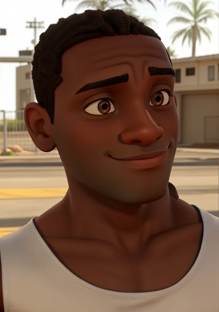 black man with white tank top, brown eyes and short hair