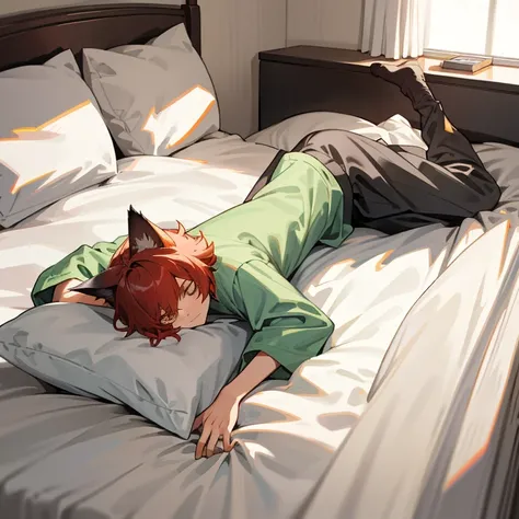 Cat boy in baggy clothes laying on his bed tiredly