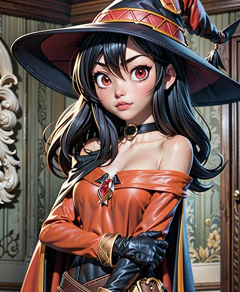 megumin, 1girl, bare shoulders, black cape, black gloves, black hair, blush, cape, choker, collarbone, dress, hair between eyes, hat, long sleeves, looking at viewer, medium hair, off-shoulder dress, off shoulder, red dress, red eyes, sidelocks, solo, witc...