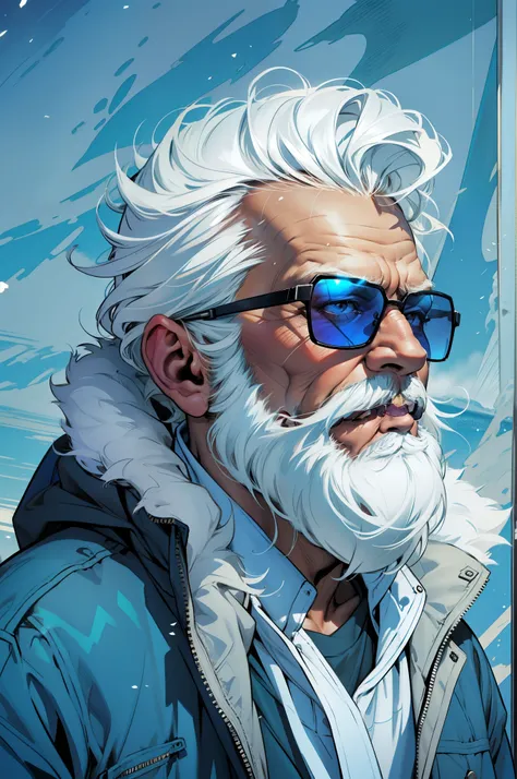 An elderly man wearing sunglasses, uma majestosa barba branca, e cabelos brancos do Superman, Wearing an elegant blue Antarctic parka.