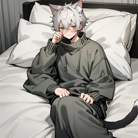 Cat boy in a baggy sweater and sweatpants laying on his bed tiredly, cat tail and ears, baggy sweater and sweatpants, arm above head, tired face, blushing slightly, laying on bed, comfy pillow,