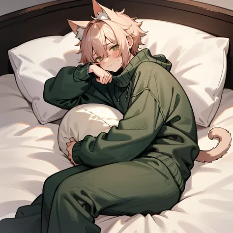 Cat boy in a baggy sweater and sweatpants laying on his bed tiredly, cat tail and ears, baggy sweater and sweatpants, arm above head, tired face, blushing slightly, laying on bed, comfy pillow,