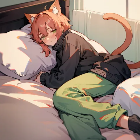 Cat boy in a baggy sweater and sweatpants laying on his bed tiredly, cat tail and ears, baggy sweater and sweatpants, arm above head, tired face, blushing slightly, laying on bed, comfy pillow,