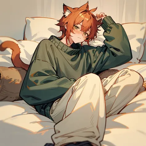 Cat boy in a baggy sweater and sweatpants laying on his bed tiredly, cat tail and ears, baggy sweater and sweatpants, arm above head, tired face, blushing slightly, laying on bed, comfy pillow,