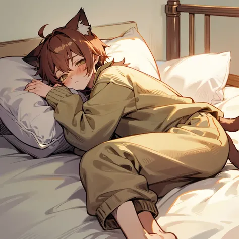 Cat boy in a baggy sweater and sweatpants laying on his bed tiredly, cat tail and ears, baggy sweater and sweatpants, arm above head, tired face, blushing slightly, laying on bed, comfy pillow, calico,