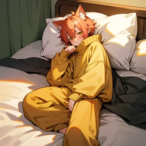 Cat boy in a baggy sweater and sweatpants laying on his bed tiredly, cat tail and ears, baggy sweater and sweatpants, arm above head, tired face, blushing slightly, laying on bed, comfy pillow, calico,