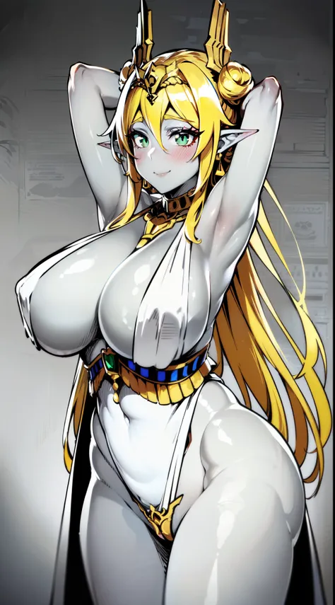 masterpiece, best quality, extremely detailed, 1girl, mature female, solo, leafa, (colored skin, grey skin:2), (gigantic breasts:1.5), ((((blonde hair), very long hair, bun, green eyes, slit pupils, pointy ears))), parted lips, (((egyptian clothes, white d...