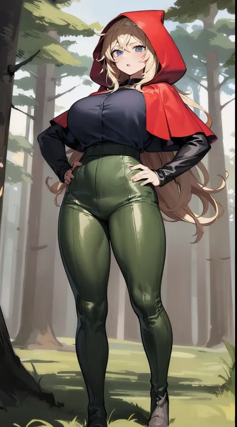 masterpiece, best quality, 1girl, solo, standing, grimm, blue eyes, red hood, hood up, red capelet, white shirt, shirt tucked in, green pants, huge breasts, parted lips, walking, forest, fantasy, muscular female, looking at viewer, skin tights, wide hips, ...