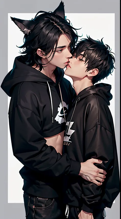 2boy、Toned、sharp big wolf ears、Wolf tail、black messy hair、wide and very vivid black eyes、HD、​masterpiece、with a vibrant、Slim dark crop top hoodie、full-body view、Trendy hair、the kiss