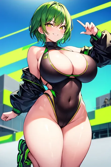 1girl, large breasts, wide hips, thick thighs, green hair, very short hair, short hair, yellow eyes, bikini, black bikini, neon trim, smile, smirk, smug, futuristic, science-fiction, tech, shoes, sneakers, green trim, black clothes, race queen