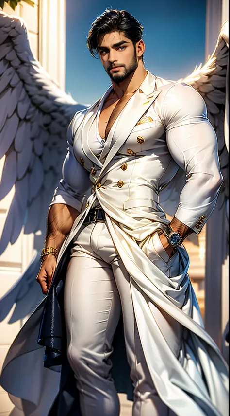 (best quality,ultra-detailed,realistic:1.37), Daegan Tronos Character(1), handsome, dark skin, dark-tanned, perfect wings angel, symmetrical wings,blue eyes,small beard, medium-long haircut,casual outfit, urban italian clothing, trench coat, man stance, at...