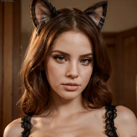 highly detailed, Seductive erotic Lana Del Rey with lace cat ears, pleurs, (Busty, cheveux roux), centered on the face, focused face, yeux complexes,