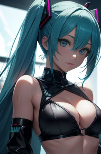 16k, RTX, HDR, extremely high details, Intricate, Professional make-up, a closeup of a, Best Quality, Masterpiece, night time, 1Woman, miku, hatsune miku, edgy, muscular, Sexy micro bikini top, glowing eyes,  Long hair, , tetas grandes, cleavage, ((Extreme...